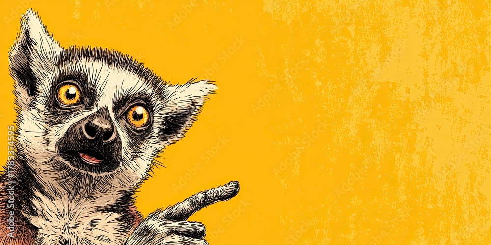 Obraz premium Lemur smiling, pointing finger to the side. Space for text. Solid color background. Cartoon look.