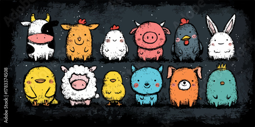 Urocze, stylizowane zwierzęta gospodarskie i domowe, rysowane w stylu wektorowym, idealne do dziecięcych projektów.