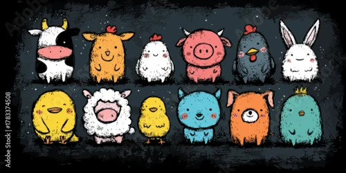 Tapety Urocze, stylizowane zwierzęta gospodarskie i domowe, rysowane w stylu wektorowym, idealne do dziecięcych projektów.