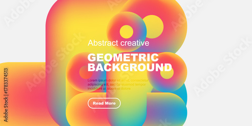 Vibrant abstract shapes overlap, creating dynamic colorful background. Text promotes content with read more button.