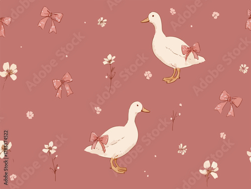 Uroczy wzór wektorowy z kaczkami ozdobionymi kokardkami i małymi kwiatami na różowym tle.