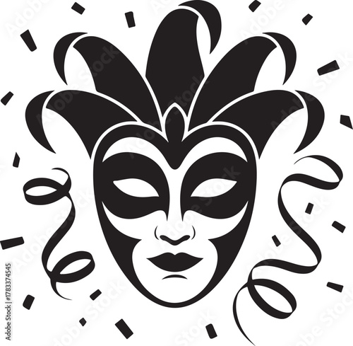 Black Jester Mask with Confetti and Ribbons on White , jester, mask, carnival, masquerade