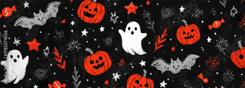 Wesołe dynie, straszne duchy i nietoperze na czarnym tle tworzą radosny wzór na Halloween.