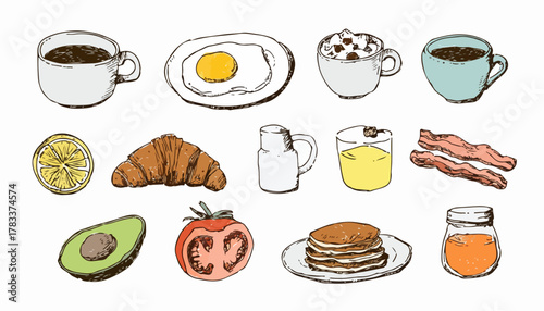 Ręcznie rysowane elementy śniadaniowe: kawa, jajko sadzone, naleśniki, bekon i owoce.