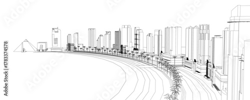 Black and white contour drawing of a cityscape with tall buildings and trees against a clean white background.