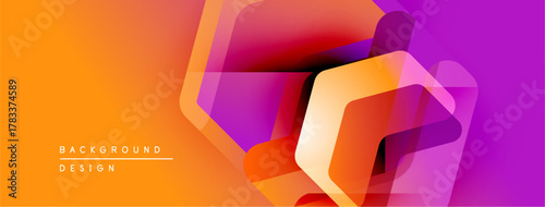 Abstract geometric shapes blend vibrant orange, purple hues. Modern design suggests dynamic energy, layered textures. Minimal text present.