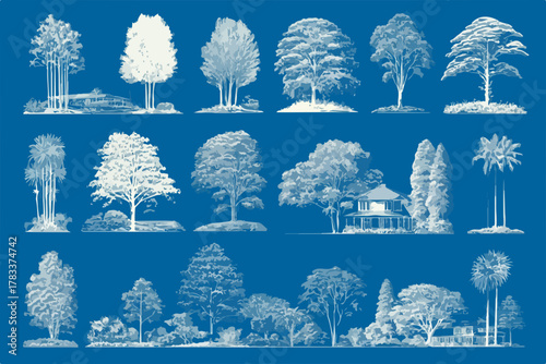 Kolekcja wektorowych ilustracji różnych drzew i krajobrazów z architekturą w stylu blueprint.