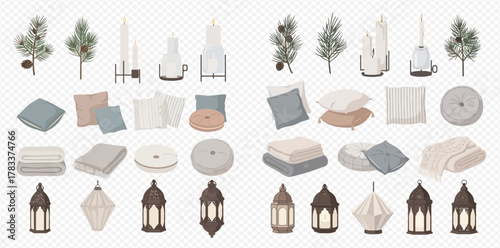 Collection of cozy home decor items including pine branches, candles, pillows, blankets, and decorative lanterns, perfect for winter or festive styling.