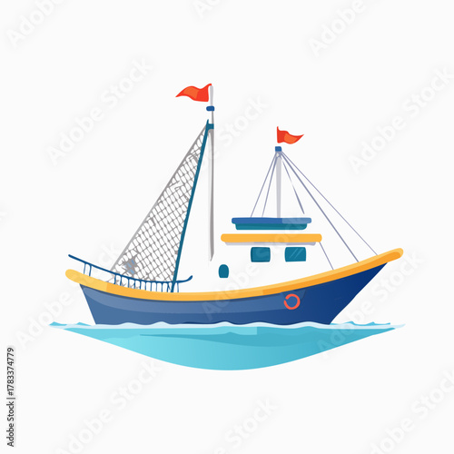 Illustrated fishing vessel sailing on blue water waves.