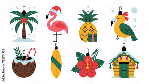 Festive Tropical Christmas Ornament Collection: A vibrant collection of Christmas ornaments, each adorned with a playful tropical theme, evoking the spirit of holiday cheer and exotic destinations.