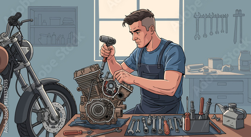 A mechanic in overalls works on a motorcycle engine with tools laid out on a workbench.