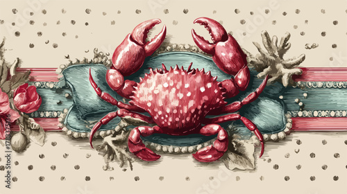 Ilustracja wektorowa z pięknym krabem morskim i elementami dekoracyjnymi