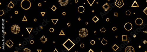Złoty wzór geometryczny złożony z różnych kształtów na czarnym tle, abstrakcyjne tło wektorowe.