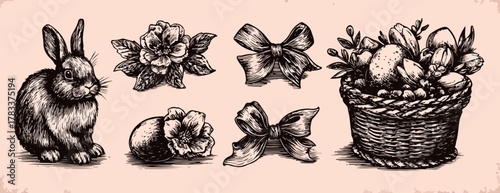 Ilustracja wektorowa w stylu vintage z zającem, kwiatami, kokardkami i koszykiem pełnym jajek wielkanocnych.
