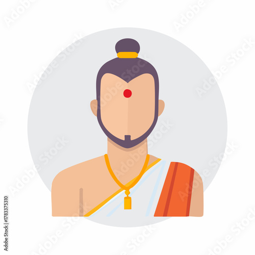 Indian man in traditional attire with religious symbols.