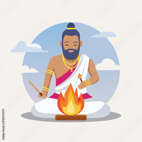 Indian Priest Performing Traditional Puja Ceremony with Fire.