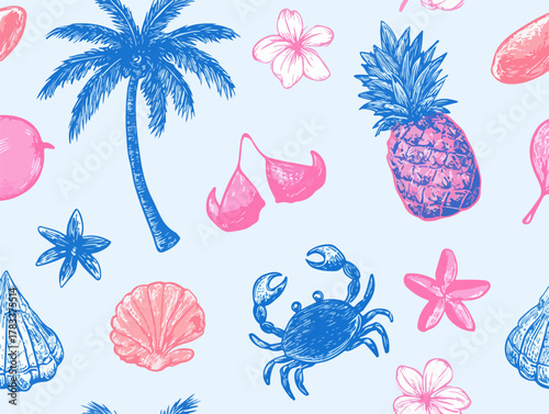 Wzorzysty, powtarzalny wektorowy deseń z motywami tropikalnymi, owocami i fauną morską w kolorach różu i błękitu.