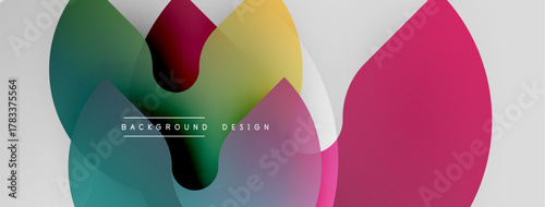 Abstract colorful shapes overlap, creating dynamic visual effect. Modern design elements suggest fluidity, energy, innovation.