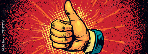 Ręka z kciukiem w górę w stylu retro, symbol pozytywnej oceny i akceptacji, energia wybuchu.
