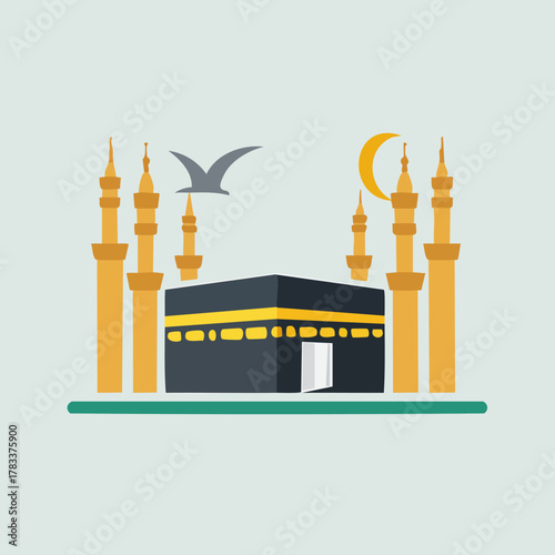 Islamic Kaaba Mosque with Minarets and Crescent Moon.