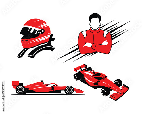 A collection of red motorsport racing icons with a driver and car