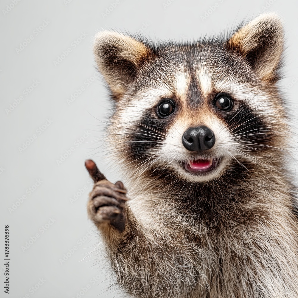Obraz premium The raccoon is smiling and pointing his finger to the side. Space for text. Plain background
