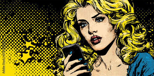 Kobieta w stylu komiksowym trzymająca smartfon, z wyraźnym wzorem w stylu pop-art.