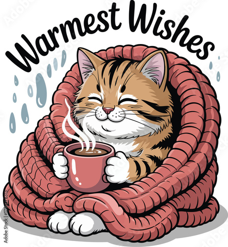Cozy Cat with Coffee Warmest Wishes Illustration