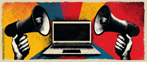 Dwie ręce trzymające głośniki skierowane w stronę otwartego laptopa, symbolizujące komunikację cyfrową i przekaz informacji.