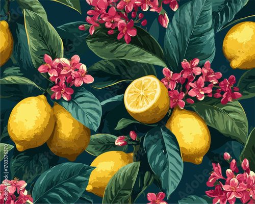 Wzorzyste tło z soczystymi cytrynami i kwitnącymi kwiatami, idealne do projektów graficznych i letnich motywów.