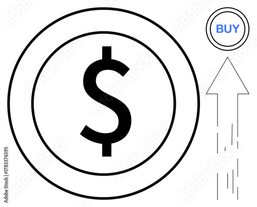 Dollar sign enclosed in circle, upward arrow, and Buy tag representing investment, e-commerce, growth, profit, online shopping, savings and financial planning. Ideal for modern business concepts