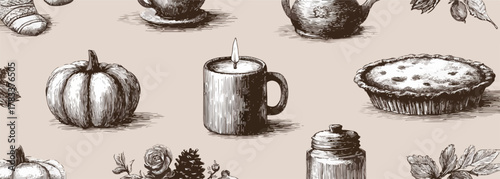 Jesienny wzór wektorowy z dyniami, świecą, ciastem i filiżankami w stylu szkicu.