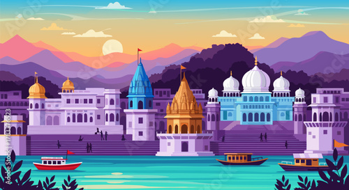 Serene Cityscape A Colorful Illustration of a Waterside Metropolis with Boats and Temples at Sunset