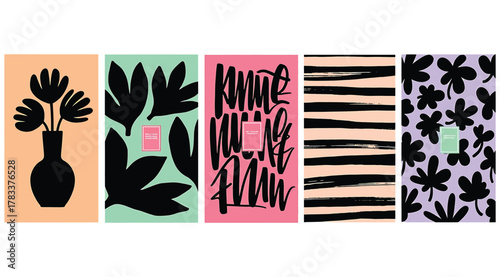 A vibrant collection of five abstract digital art pieces, featuring a vase with flowers, organic leaf shapes, bold typography, and striking striped patterns in a playful color palette