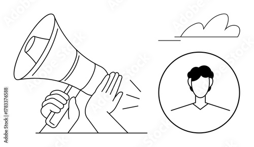 Hand using a megaphone for loud communication next to a person profile and a cloud. Ideal for marketing, promotion, networking, announcement, public speaking, outreach, social influence. Simple flat