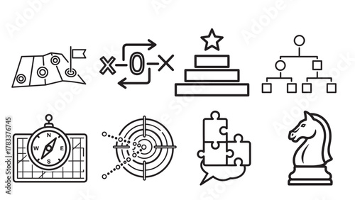 Strategy And Goals Black Vector Icons Sheet — Trophy, Target, Chess And Timeline Symbols For Business Planning Dashboards