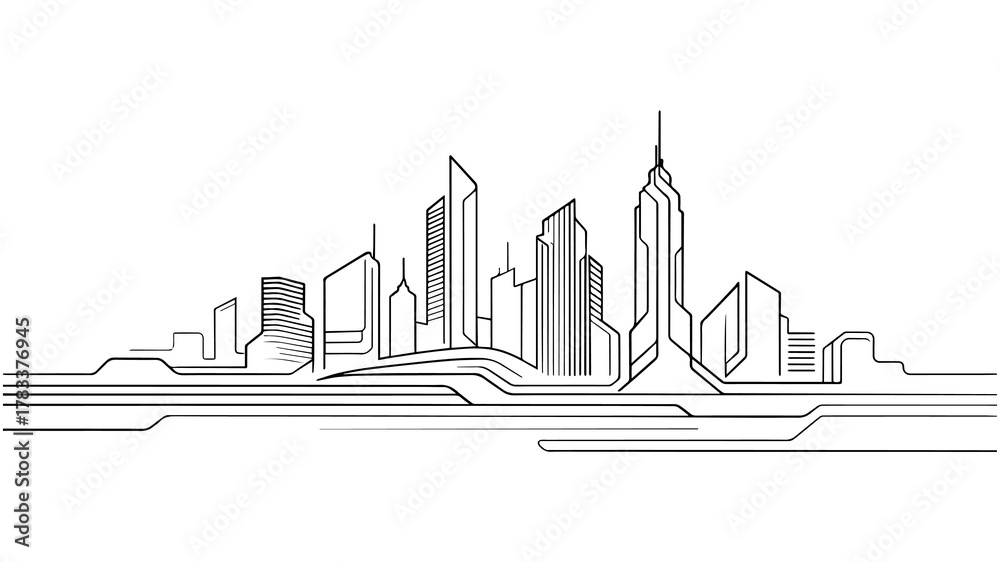 Obraz premium Modern City Skyline Line Art Illustration with Futuristic Urban Architecture and Minimal Continuous Line Style