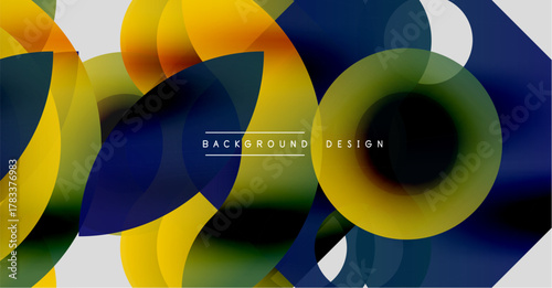 Abstract colorful layers create dynamic visual effect. Overlapping shapes suggest movement, depth, modern aesthetic. Background design elements present.