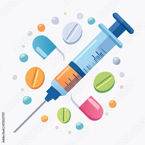 Medical Injection and Pills - Healthcare Treatment Illustration.