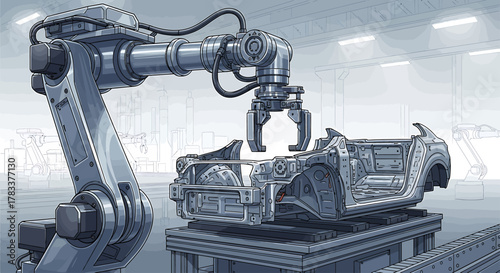 Illustration of an industrial robotic arm assembling a car chassis on an automated factory production line.