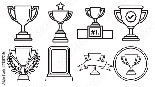 Trophy And Cup Black Vector Icons Sheet — Victory Awards, Laurels And Ceremony Symbols For Winners And Competitions