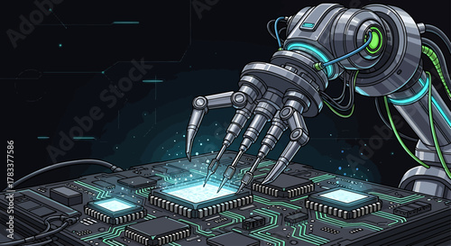 Robotic arm manipulating a glowing microchip on a dark circuit board, illustrating advanced technology.