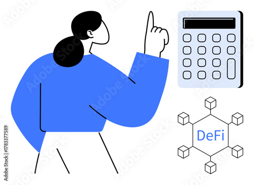 Woman pointing towards calculator alongside blockchain diagram labeled DeFi. Ideal for fintech, decentralized finance, blockchain, cryptocurrency, financial planning, technology, and innovation