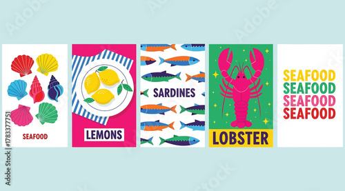 Seafood Illustration Panel Set – Shrimp, Lemons, Sardines, Lobster, and Multicolor “SEAFOOD” Typography in Bold Graphic Style – Vibrant Printable for Culinary Decor, Packaging, or Promotional Use