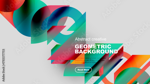 Dynamic abstract composition. Overlapping colorful shapes create modern visual impact. Text element suggests digital content promotion.