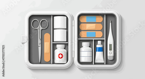 An open first aid kit containing various medical supplies, ready for emergencies.