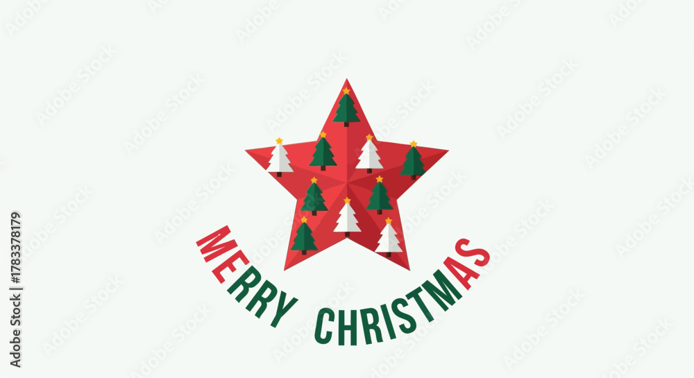 Obraz premium Festive red star adorned with small green and white christmas trees and merry christmas text below