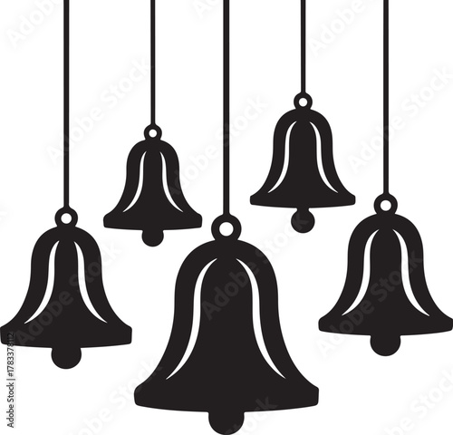 Black silhouette of five hanging bells Christmas holiday , bells, hanging, silhouette, christmas