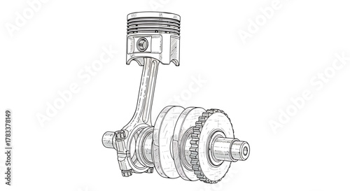 Detailed drawing of a piston, connecting rod, and crankshaft assembly.
