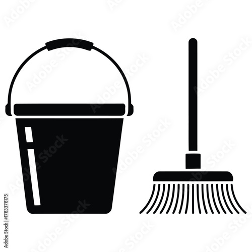 Bucket and Broom Silhouette Icon cleaning sweeping